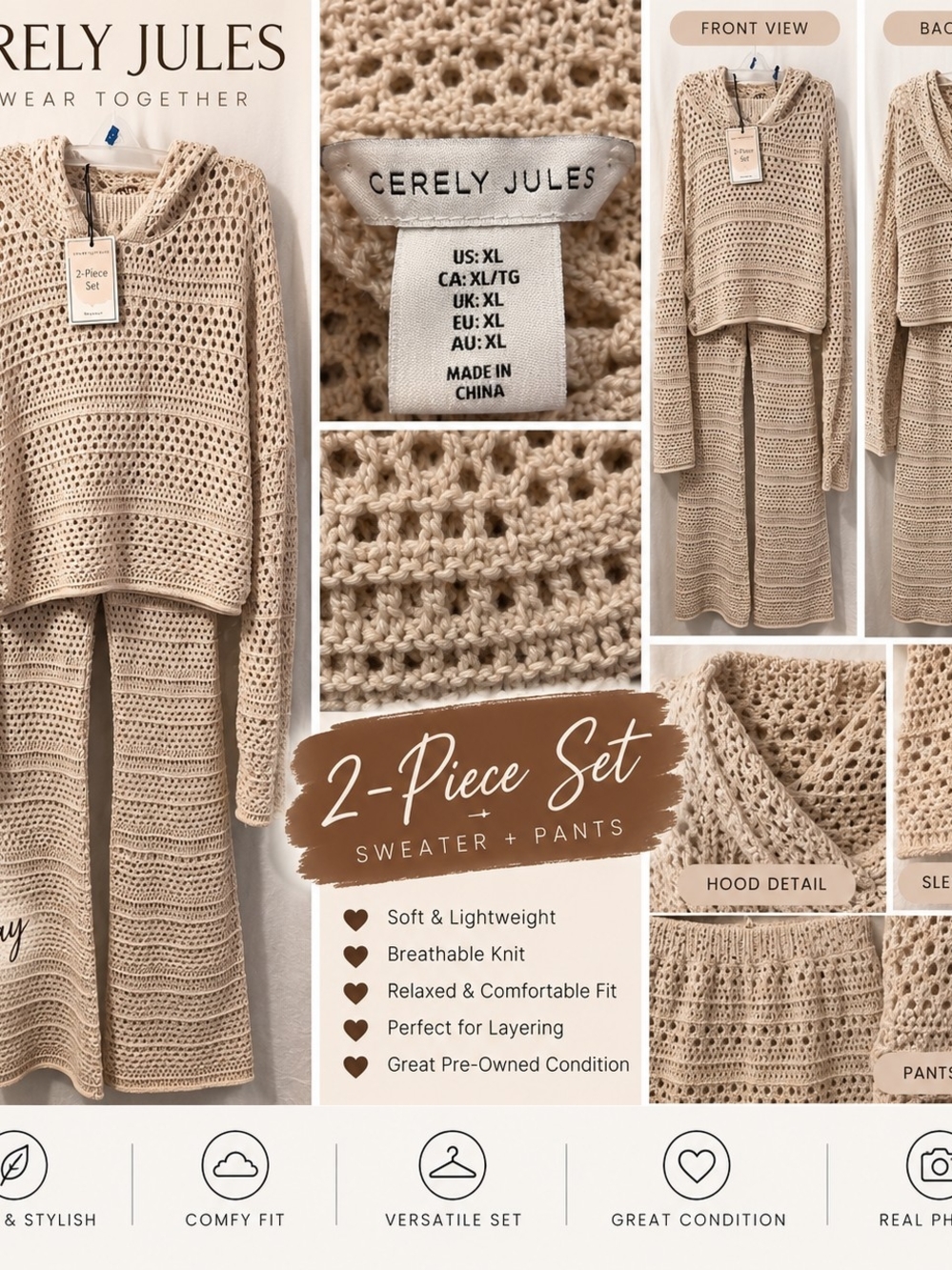 Sincerly Jules Beige Crochet 2-Piece Sweater & Pants Set